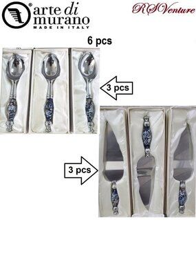 6 Murano Art Blue and White. 3 Ice Cream Scoopers & 3 Cake Servers
